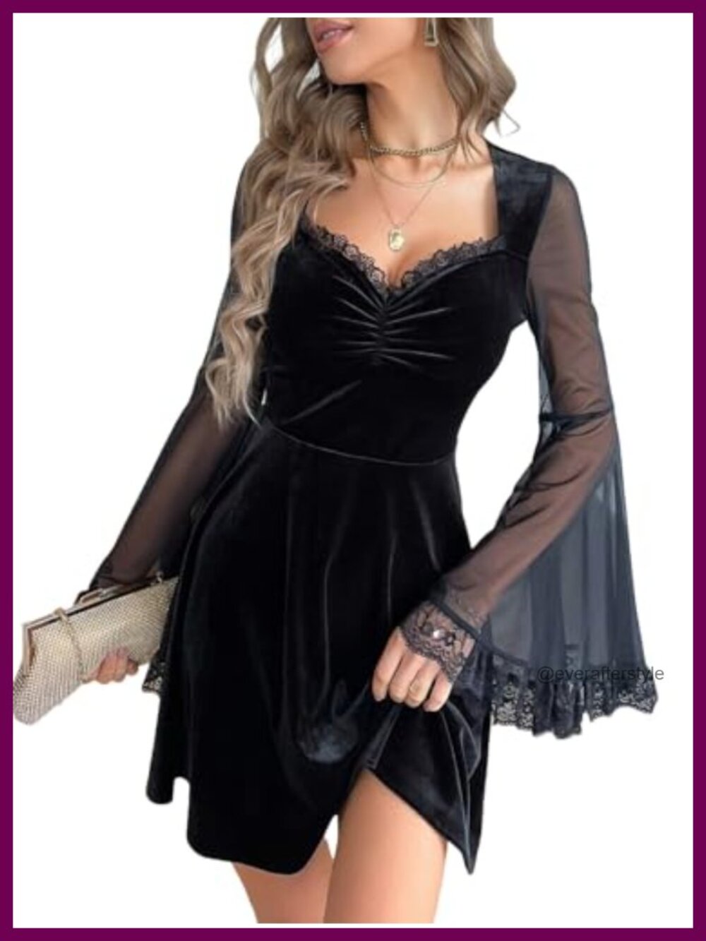 Gothic Velvet Lace Trim High Waist Fit and Flare Mini Prom Party Dress